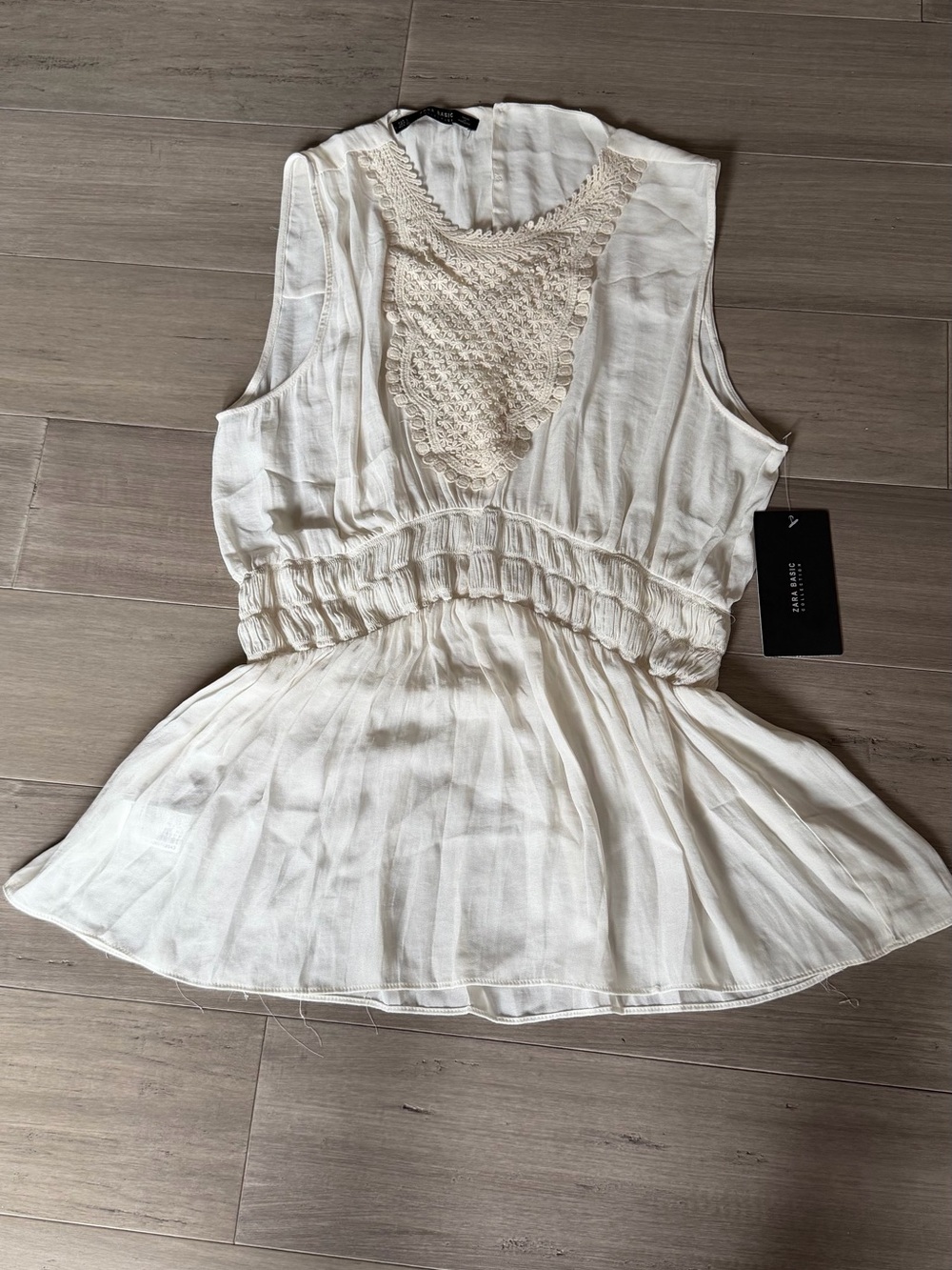 Zara Cream Crochet-Front Sleeveless Peplum Top